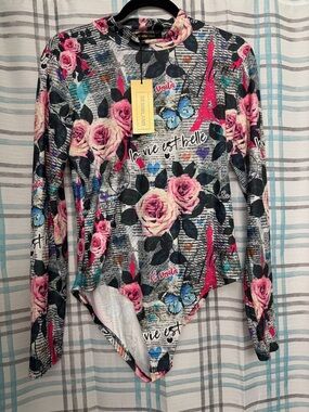 Denim & Co. Women’s Black Floral Long-Sleeve Bodysuit